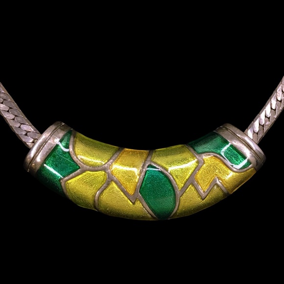 Vintage Yellow Green Enamel Gun Metal Herring Bone Chain Collar Bib Necklace - Picture 3 of 9